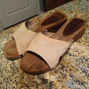 Michael Kors Wooden Slip On Sandals Leather Pony Hair Clogs Heels Women's Sz 7M